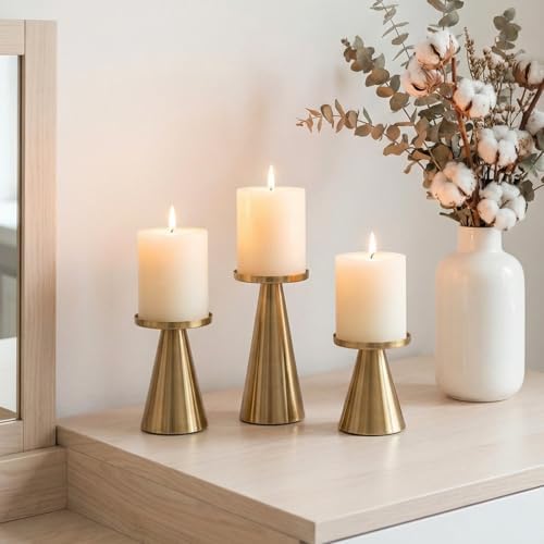 Set of 3 Gold Iron Pillar Candle Holders 4 & 4.7 & 6.4 Inch Tall by saiguomi