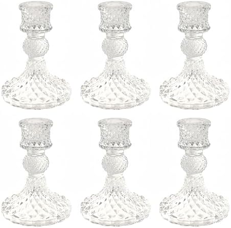 Clear Glass Candlestick Holders, Taper Candle Holders, Set of 6 by ECHFSM