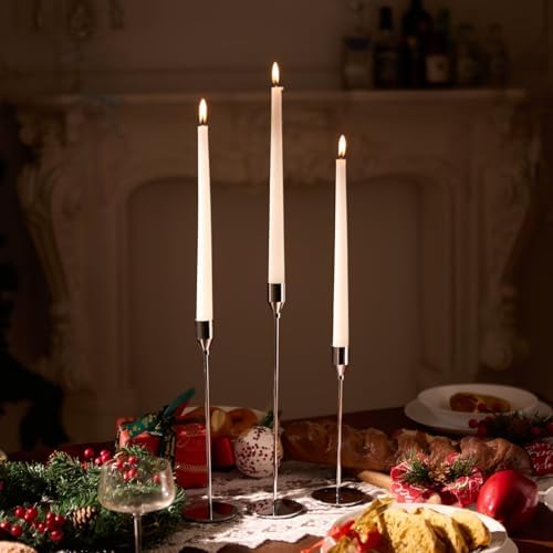 Upgraded Chrome Taper Candle Holders Set of 6, Luxury Silver Long Skinny Candlestick (Heights: 9/11/13 Inch), Heavy Iron Anti-Slip Base for Fireplace Mantle Table Centerpiece Dining Decor - Image 3