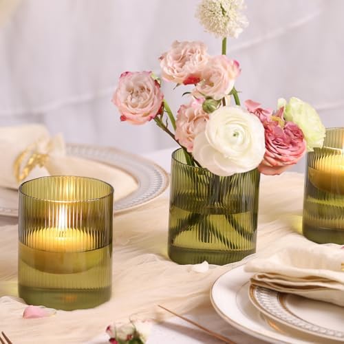 6 Green Ribbed Cylinder Glass Vases for Wedding Centerpieces & Table Decor - Image 2