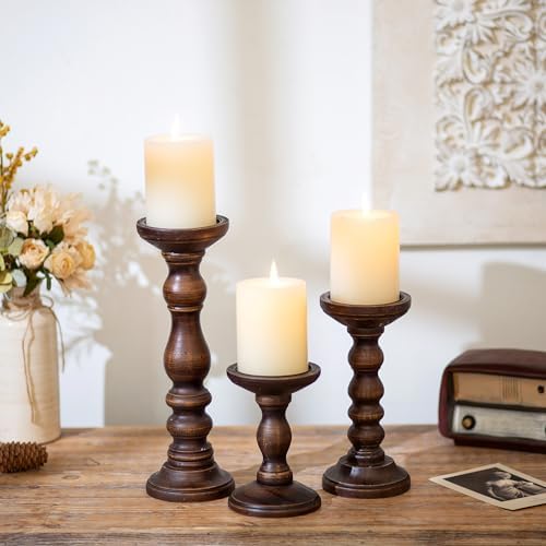 Romadedi Wood Pillar Candle Holders, Dark Brown Solid Wood, Set of 3 - Image 2
