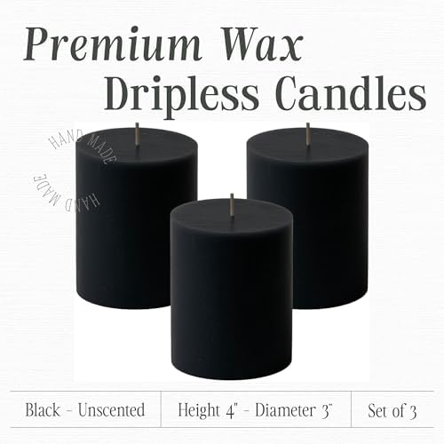 Mister Candle Dripless Unscented Black Pillar Candles, Set of 3 Hand Poured Solid Color Non-Scented Candles for Home Decor, Premium Wax, 60 Hr Burn Time - 3x4 Inch, Black - Image 2