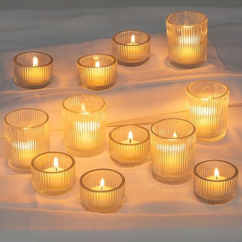 Glasseam Clear Glass Votive Candle Holders: Small Tea Light Candle Holders in Bulk, Ribbed Vintage Candle Holder Set of 24, Decorative Tealight Holders for Wedding Centerpieces Party Decorations | Small Tea Light, Set, Fluted Thick Glass, Decorative, W... by Glasseam