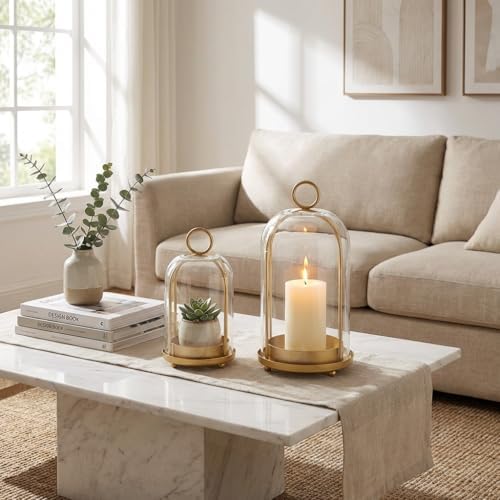 Glass Dome Candle Holders Set of 2, Antique Brass Metal Pillar Candle Holder, Hanging or Tabletop Hurricane Candle Holder for Home Decor, Farmhouse & Centerpiece (5.2” & 4.1”) - Image 6