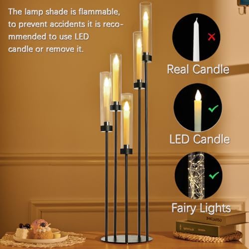 39.8''Matte Black Candle Holder with Acrylic Shades Tall 5 Arm Candelabra Black Table Centerpiece for Wedding Living Dining Room Fireplace Decoration Fit 0.98''LED Taper Candle - Image 4