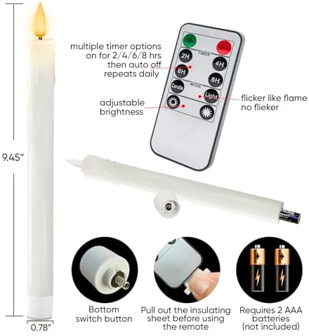 Homemory 9.6 Inches Waxy Flameless Taper Candles with Remote Timer Dimmer, Flickering LED Candlesticks, Battery Operated Window Candle for Christmas Wedding Decor, 6 Pcs White Drip Taper Candles - Image 7