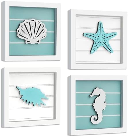 DETENE 4Pcs 3D Nautical Wall Art, Starfish Seashell Framed Bathroom Decor by Unknown