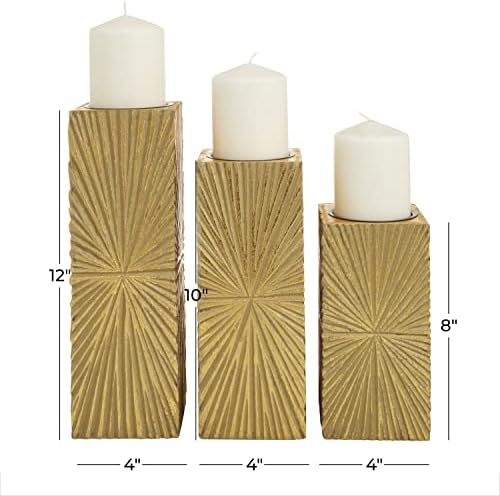 CosmoLiving by Cosmopolitan Wood Geometric Carved Pillar Candle Holder, Set of 3 12", 10", 8"H, Gold - Image 6