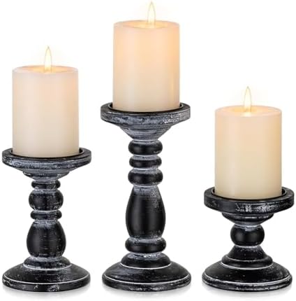 Wood Pillar Candle Holder: Rustic Distressed Black Candle Stand by CreatedforWeddingsandHome
