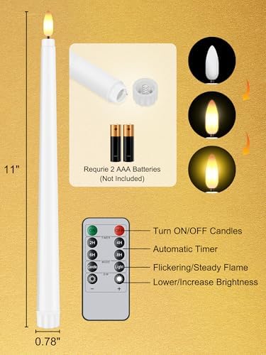 12 Pcs Flameless Taper Candles with Remote Timer, 11" Long Battery Operated Taper Candles, Flickering 3D Flame, Plastic Fake LED Candlesticks for Home Wedding Party Holiday Decor, White - Image 7