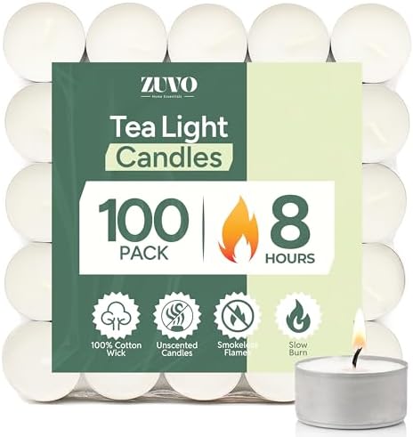 Zuvo Tea Lights Candles 8 Hour Burn (100 Pack) - Unscented White Tealight Candles, Long Burning Smokeless Tea Lights for Weddings, Home, Shabbat, Emergency - European Made, Lead-Free Cotton Wick by Zuvo