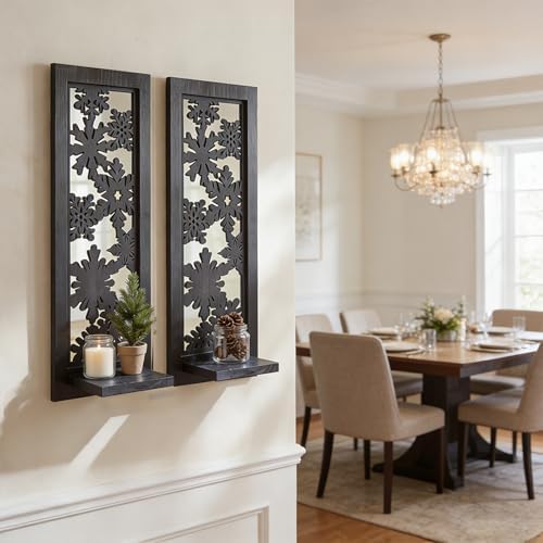 ZEXUIRU 2 Set Rustic Candle Sconces Living Room Bedroom Entryway Wood Mirrored, Farmhouse, Carved Frame Wall-Mount Wooden Candle Holders Wall Decor Hanging Handmade Holder - Black - Image 3