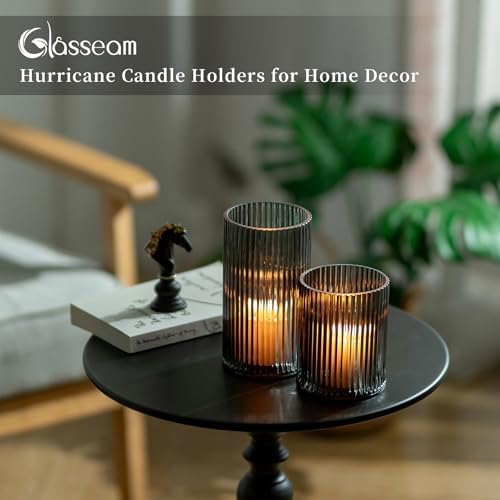Glasseam Hurricane Glass Candle Holders: 2 Pcs Ribbed Cylinder Grey Vases - Image 2