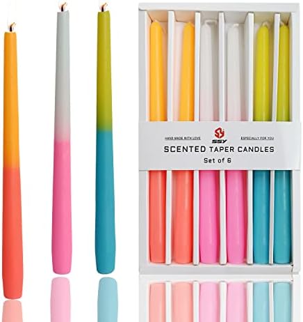 Pastel Taper Candles Set of 6 Rose Scented Candle Sticks Hand Poured Smokeless Two Tone Double Color Design 10 inch Long Candle for Wedding Dining Housewarming Gift Holiday Home Decor by XINAOBAOLUO