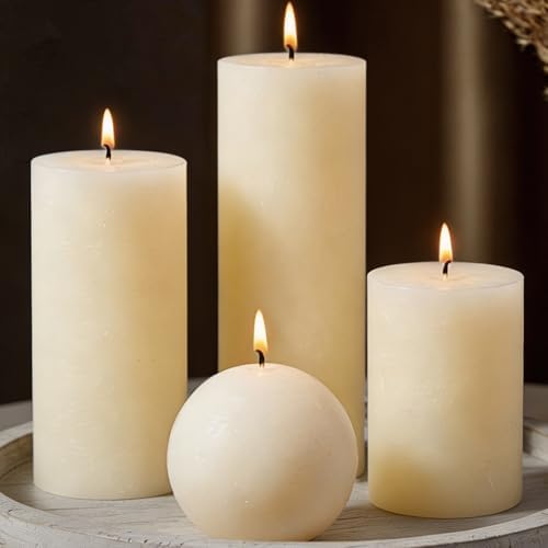 Rustic Ivory Pillar Candles Set - 4 Pcs Assorted Sizes Unscented Pillar Candle, Decorative Pillar Candles for Home Centerpiece Decor, Holiday Dinner Table, Dripless & Smokeless by MOSROAD