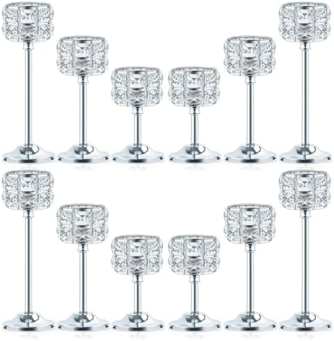 Crystal Metal Candle Holder, Square Crystal Beads Bling Tea Light Candlestick, Tall Votive Candelabra Elegant Centerpiece for Table Wedding Decoration, Home Decor (Silver, 4 Set (12pcs) by kehail
