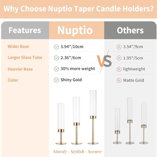 NUPTIO Gold Taper Candle Holders: Set of 3 Tall Hurricane Candlestick Holder with Open Ended Clear Glass Covers Long Stem Metal Candle Stick Stand for Fall Thanksgiving Christmas Table Decor - Image 3