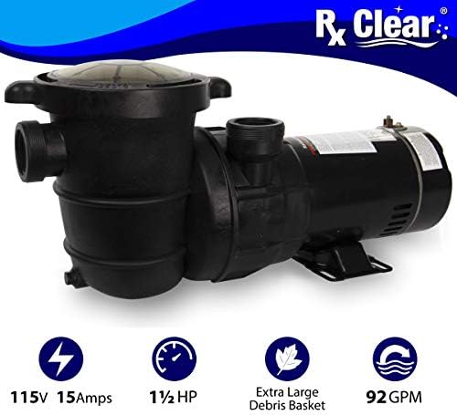Rx Clear 1.5 HP Extreme Force Pool Pump for Above Ground Swimming Pools | High Performance Single Speed Pump | 92 GPM | 115V 15 Amps Durable & Quiet