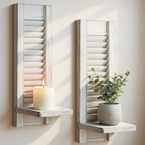Farmhouse Wall Candle Holders Set of 2, White Wood Shutter Decor by Treory