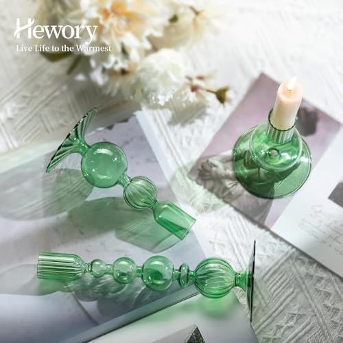 Hewory Glass Candlestick Holders Set: 3PCS Green Taper Candle Holders Bulk - Image 3