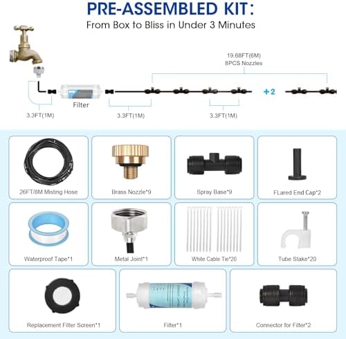 26FT Misters for Outside Patio – Outdoor Misting Cooling System with 20 Brass Nozzles, 3/4" Adapter & Water Filter, Upgraded Pre-Assembled, Large Area Cooling for Garden, Patio, Pool, Backyard