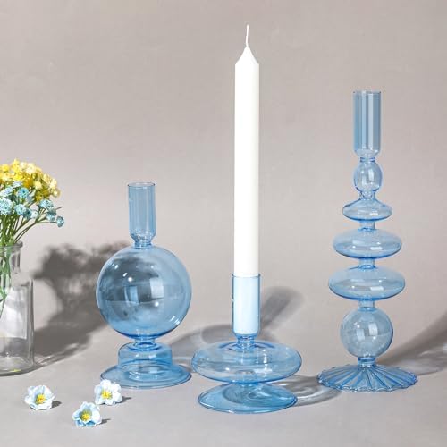 Rtteri 3 Pcs Iridescent Glass Candlestick Holders Taper Candle, Light Blue by Rtteri