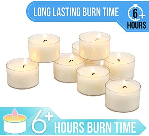 Stonebriar 96 Count White Unscented Smokeless Long Burning Clear Cup Tea Light Candles with 6 to 7 Hour Burn Time - Image 4