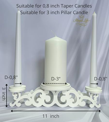 Wooden Unity Candle Holder – Solid One-Piece Triple Candle Stand – Handcrafted from Natural Wood – Painted in Safe Premium White Finish – Fits 2 Taper (0.80”) & 1 Pillar Candle (3”) - Image 2