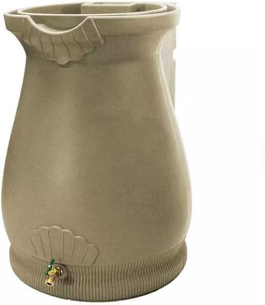 Rain Wizard Decorative Urn Rain Barrel, Durable polyethylene Resin, with Brass Spigot, Flat-Back Design,Perfect for Gardening Any Home (Khaki, 65 Gallon)
