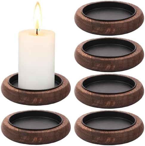 6 PCS Vintage Wood Candle Trays, 3.9 in Round Candle Holders for Pillar Candles, Elegant Black Inner Plastic Tray, Decorative Tray Riser for Home Decor, Coffee Tables, Bookshelves by Varku