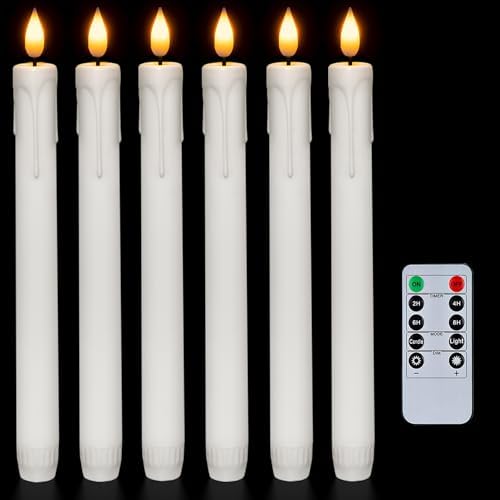 Homemory 6 Pcs Flameless Taper Candles with Remote, Timer, Dimmer, 9.6 Inches Plastic White Led CandleSticks with Flickering Light, Battery Operated Window Candles for Halloween Christmas Decoration by Homemory