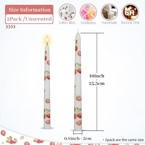 White Strawberry 10 inch Straight Taper Candles - Strawberry Handmade Printing Candlesticks Tall Tapered Candle for Home Garden Decor Simple Modern Weddings 2Pcs - Image 5