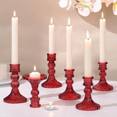 DARJEN Red Glass Candlestick Holders Set of 6, 4" H & 5" H Taper Candle Holders for Candlesticks & Pillar Candles, Diamond Candle Holders for Wedding Party Table Centerpiece, Home Decor by DARJEN