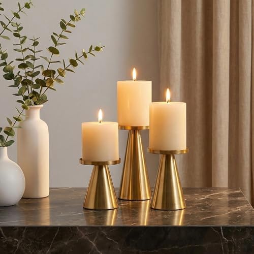Set of 3 Gold Iron Pillar Candle Holders 4 & 4.7 & 6.4 Inch Tall - Image 2