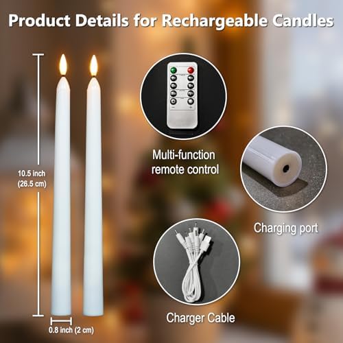 FPOO 6 Pack Rechargeable Taper Candles with USB Cable, 200+ Hours Use, Fast Charge, LED Flameless Candlesticks with Remote Timer for Home Wedding Christmas Window Party Decor - Image 2