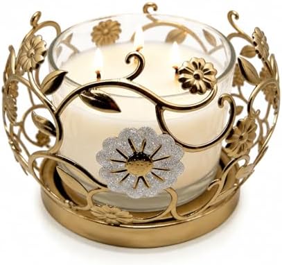 3 Wick Candle Holder, Fits 4 Inch Diameter Jar Candles, 5.75" D × 4.1" H Decorative Candle Stand for Home, Living Room, Bedroom, Office & Gifting (Floral Golden) by Dorephine