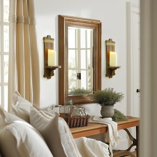 Homemory 2 Pack Brown Wood Wall Sconces Candle Holders, Farmhouse Decor - Image 2