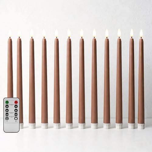 Brown Flameless Taper Candles with Remote, LED Candlesticks Set of 12 by Ni-JASW