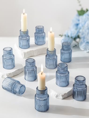 Romadedi 10-Pack Blue Ribbed Glass Taper Candle Holders, 2.76 in by ROMADEDI
