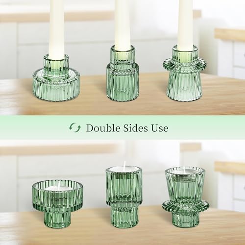 Taper Votive Candle Holder for Pillar Candles Tealight, Candlestick Holder for Wedding Christmas Tea Party, Boho Ribbed Vintage Crystal Glass Table Centerpiece Decor, Bulk Set of 6 (Green) - Image 5