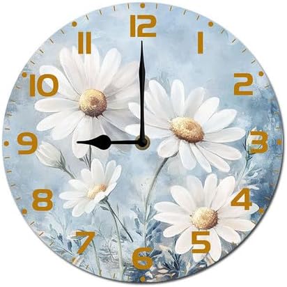 Chamomile Flowers Daisies Wooden Silent Non-Ticking 10 Inch Round Clocks Battery Operated Analog for Living Room Kitchen Bedroom Bathroom Office Home School Decor