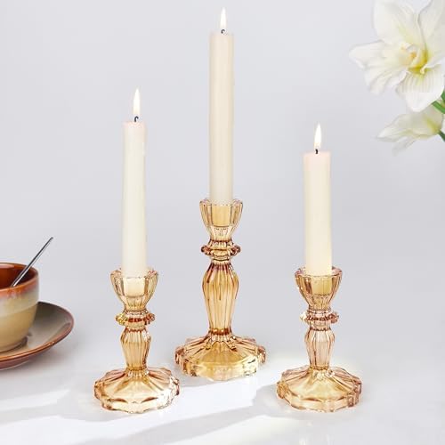 Glass Candlestick Holders Set of 3, Amber Stripe Taper Candle Holders for Table Centerpiece, Home Decorations, Wedding and Party by CHOCSTAY