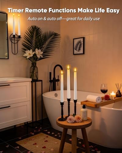 Homemory 2 Pcs Waxy Flameless Taper Candles with Remote, Led Flameless Candlesticks Classic Tall Candle, Flickering Battery Operated Taper Candles for Bedroom, Dining Room, White, 9.6 inches - Image 3