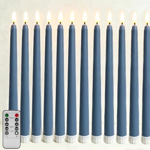 Dusty Blue Flameless Taper Candles with Remote Timer Set of 12 by Ni-JASW