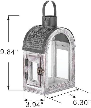 11" High Farmhouse Decorative Lanterns, Glass and Metal, Distressed White Wood Finish, Vintage Black Metal Top, Indoor Outdoor Candle Holders (Rustic White, 6"x4.4") - Image 2