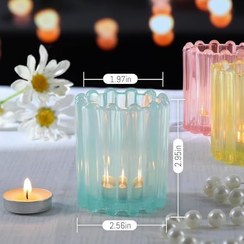 12PCS Glass Pink Votive Candle Holder, Blue Ribbed Votive Candle Holders - Image 2