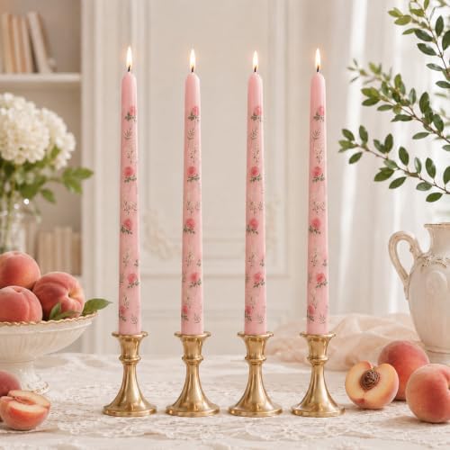NJAO HOO Flower Candlesticks 10 in Straight Taper Candles Hand Printing Colored Pink Candlesticks Floral Tall Tapered Candle for Spring Home Garden Decor Simple Modern, 4Pcs by NJAOHOO