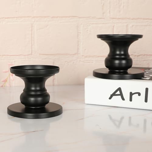 Matte Black Iron Pillar Candle Holders - Set of 2 Candlestick Holders, Metal Candle Holder for Pillar & Taper, Table Mantle Fireplace Farmhouse Home Decor - Image 6