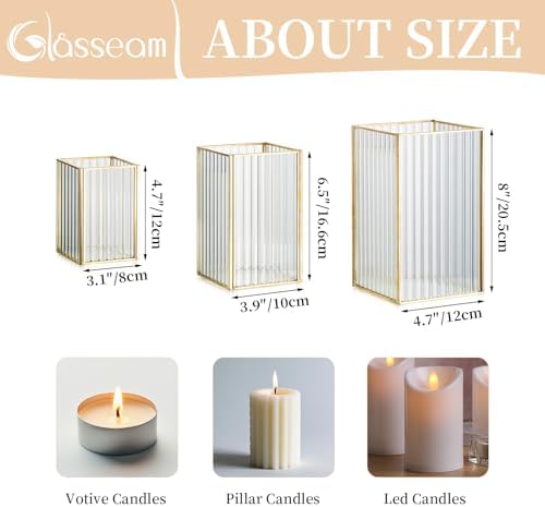 Glasseam Gold Hurricane Glass Candle Holders, Square Ribbed Pillar Set of 3 - Image 7