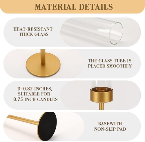 Set of 18 Glass Hurricane Candle Holders Gold Metal Base Taper - Image 4
